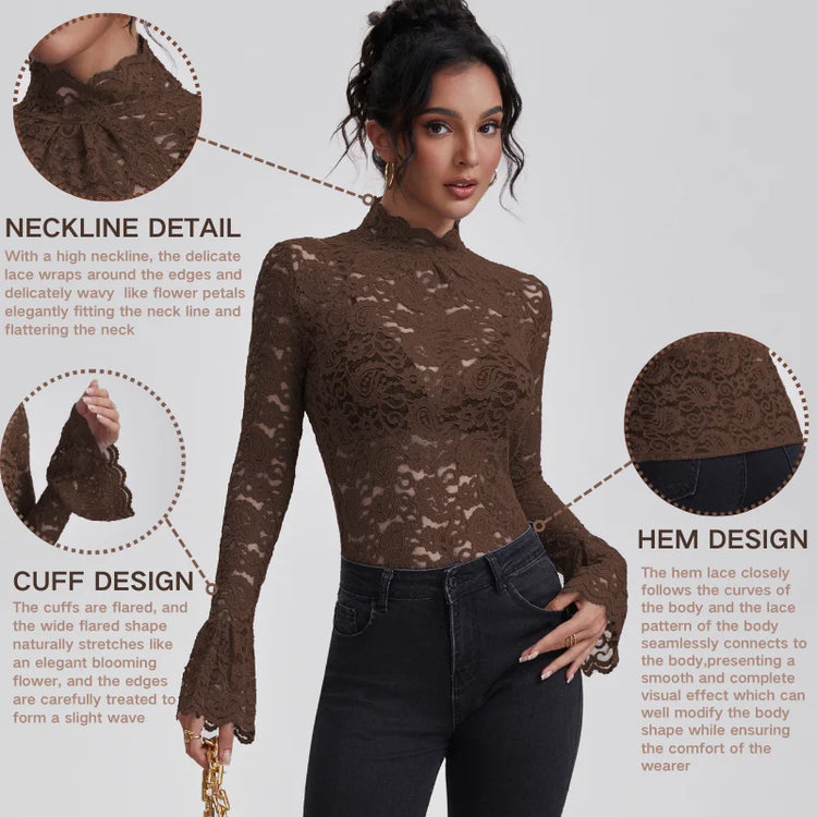 Anfilia Women Lace Shirts Turtle Neck Elegant Flare Long Sleeves Hollow Out Slim-fit Crochet Sexy Blouse