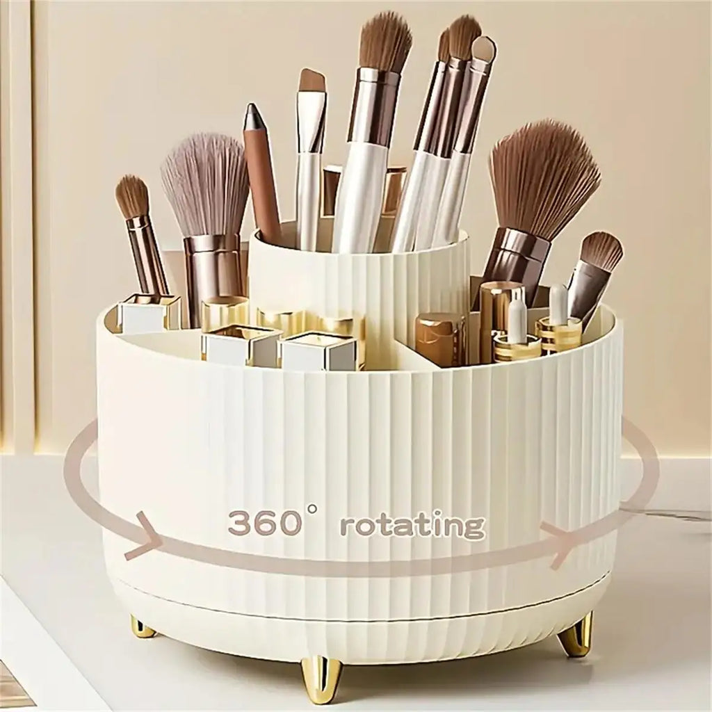 360° Rotating Makeup Organizer Plastic Cosmetic Storage 5 Compartments Multi-Functional Brush Holder Compact Travel Makeup Case