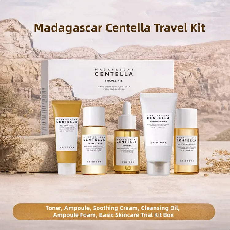Korean Centella Travel Kit, Toner,Ampoule,Soothing Cream,Cleansing Oil,Ampoule Foam,Basic Daily Skincare Mini 5pcs Gift Sets