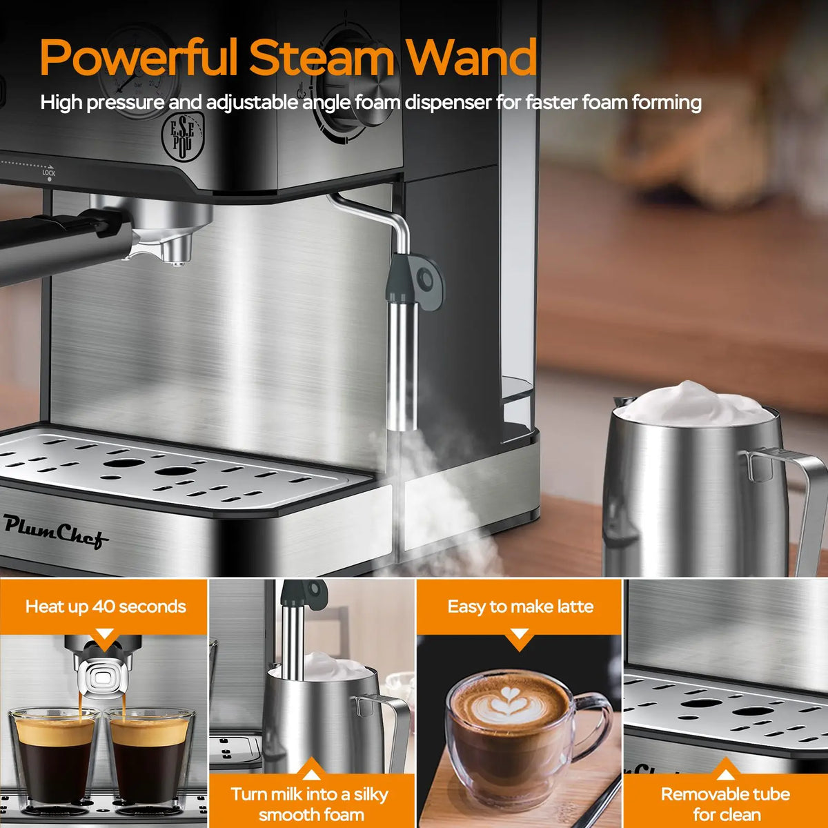 Espresso Machine 20 Bar Professional Compact Household Coffee Espresso Maker with Milk Frother Steam Wand Pressure Gauge 54oz Water Tank Low Noise and Fast Coffee Machine for Cappuccino Latte
