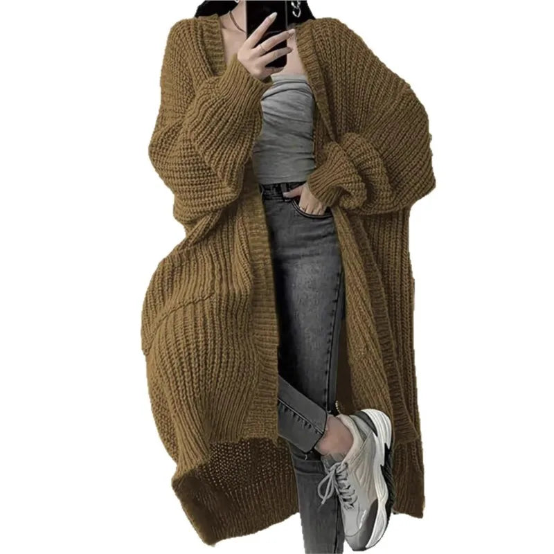 Women Oversized Maxi Cardigan Knitted Sweater Coat With Pockets Autumn Winter Casual Loose Long Sleeve Sweater Outwear Ladies