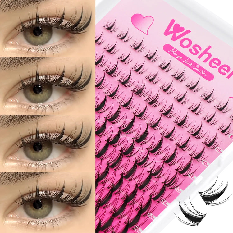 WOSHEER Lash Clusters Manga Lash Clusters Kit Clear Fairy Eyelash Clusters Wet-Look Spiky Anime Lashes Individual Lashes