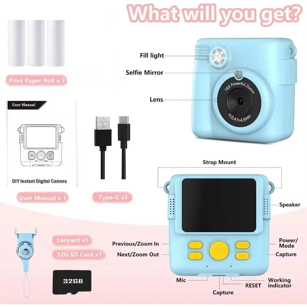 1080P HD Video Camera Portable Instant Print Camera for Kids with 3 Rolls Photo Paper and 32GB Card Perfect Toy Toddlers