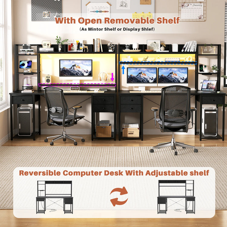Aheaplus 55" Computer Desk with Hutch & Storage Bookshelf, Reversible Gaming Desk with LED Lights & Power Outlets, Large Workstation Desk with 3 Fabric Drawers & CPU Stand – Black