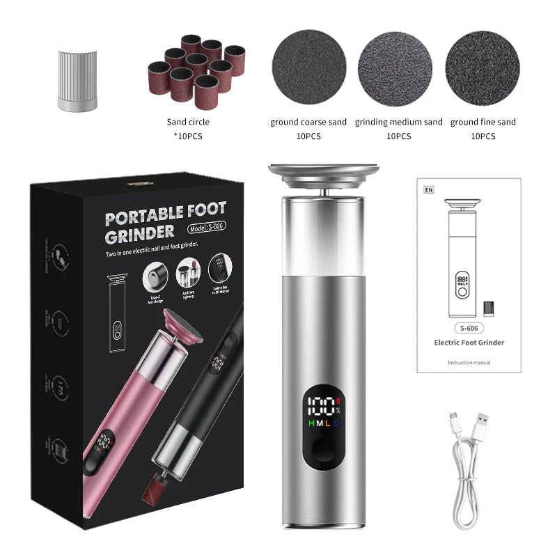 Electric Foot File Callus Remover 2-in-1 Rechargeable with 60PCS Replaceable Sandpaper Discs Nail Pedicure Tool Set for Smooth F