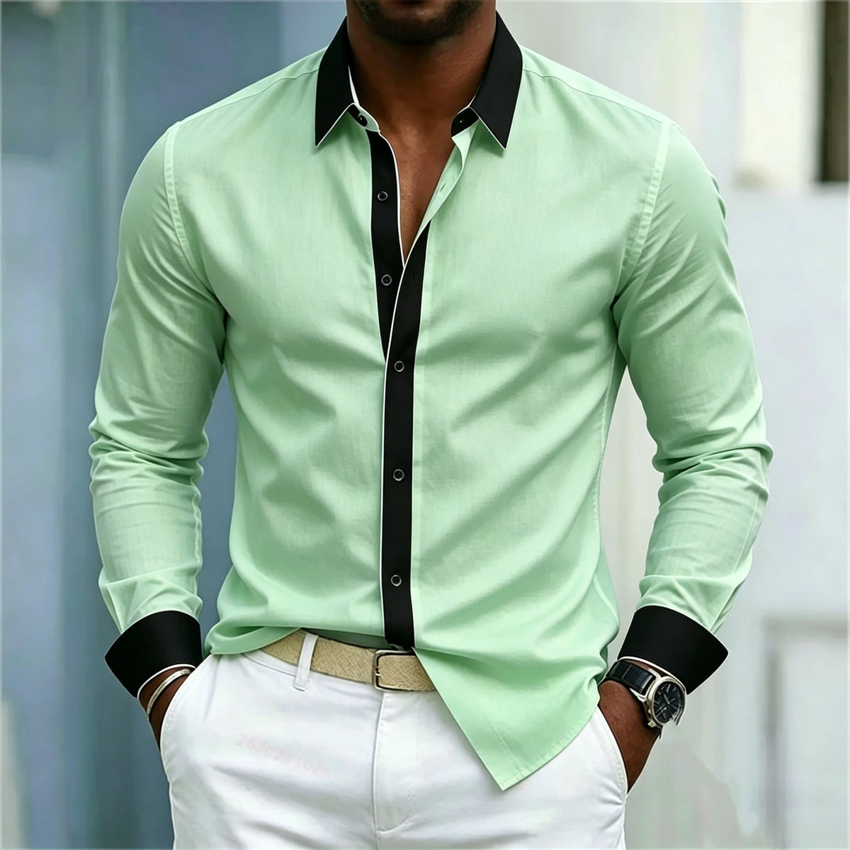 Men's Shirt Black And White Contrasting Splicing Men's Lapel Long Sleeved Shirt Slim Fit Business Casual Men's Top Size