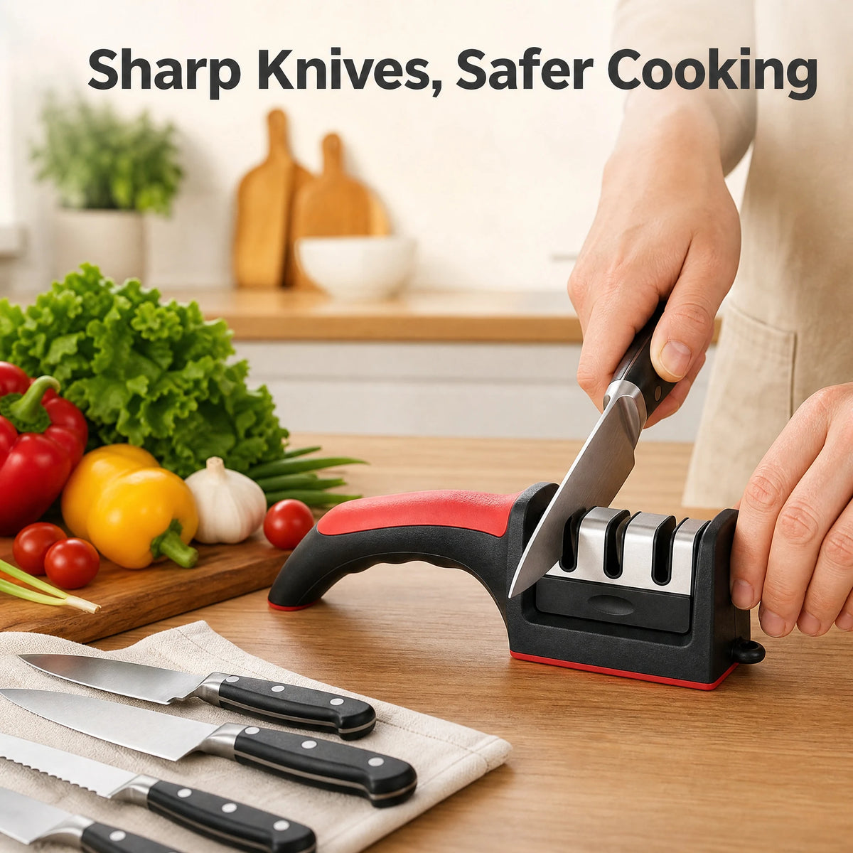 Easy and Fast Knife Sharpener, 3-Stage Sharpening System for Kitchen Knives with Non-Slip Ergonomic Handle, Safe and Efficient