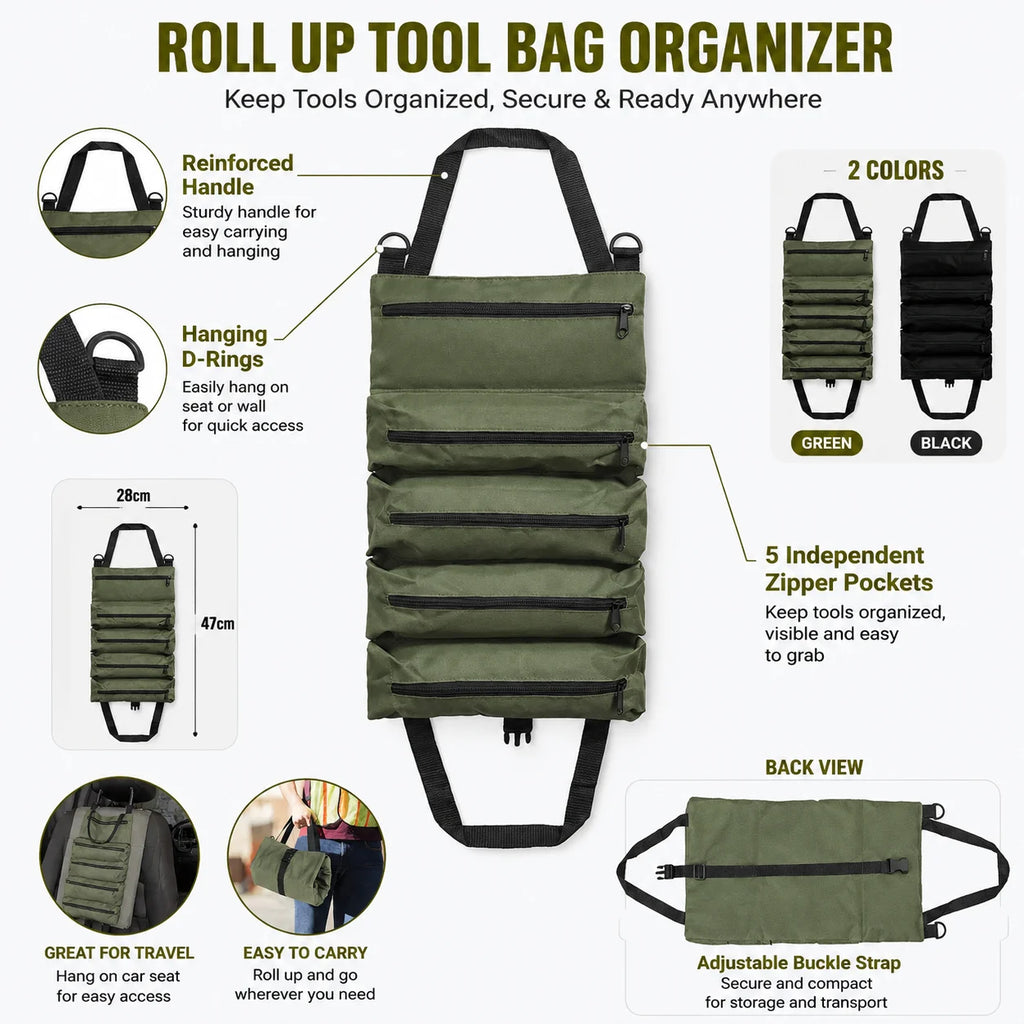 Heavy Duty Roll Up Tool Bag, Oxford Fabric Multi Tool Organizer for Mechanics Electricians Carpenters, Garage Storage