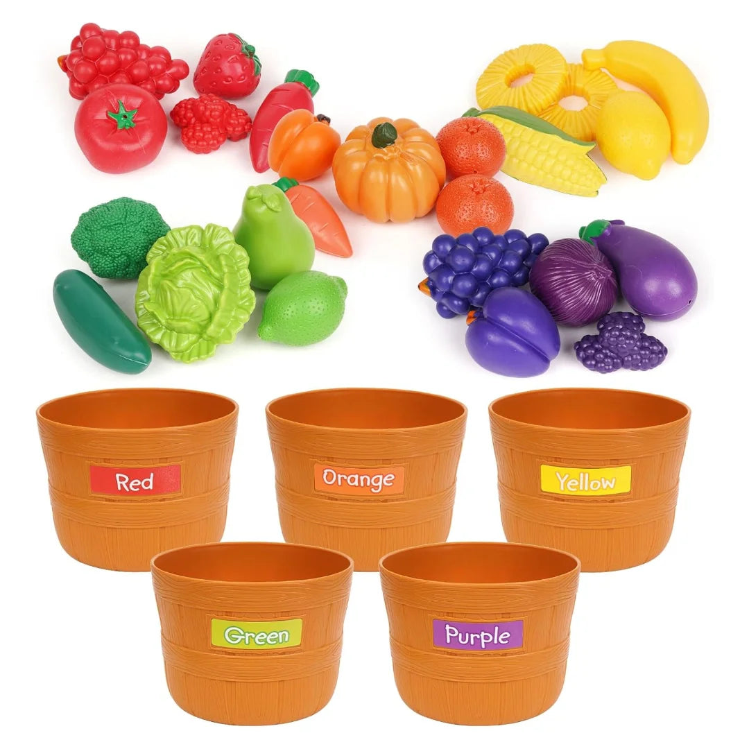 30 Pieces Color Sorting Kitchen Pretend Play Food Toy Set -Fruit&Vegetable Shapes Educational Learning Toy ,Toddlers , Kids gift