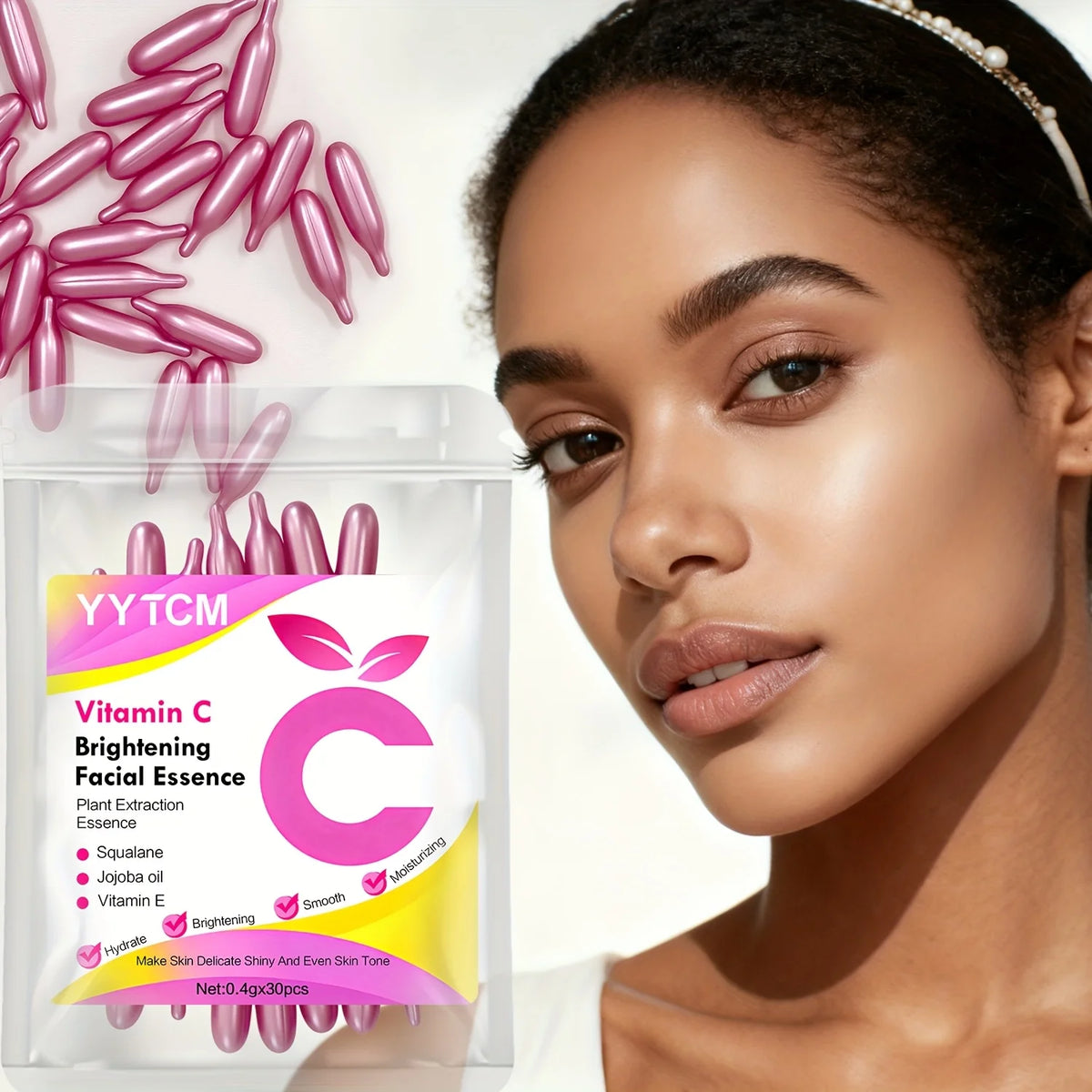 Vitamin C Skin-Brightening and Moisturizing Capsule Essence, Hydrates and Smooths Skin, Contains Plant Squalane, Vitamin E, Magnolia Oil, Jojoba Seed Oil, Deeply Hydrates and Brightens Skin Essence (0.4Gx30 Capsules)/Bag-1 Ba