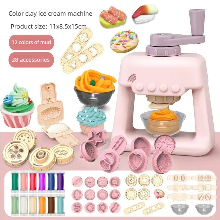 Toddler DIY Clay Craft Set, Noodle Ice Cream Maker Machine with 28 Pcs Molds, Non-Toxic Ultra-Light Clay Playset for Kids Birthd