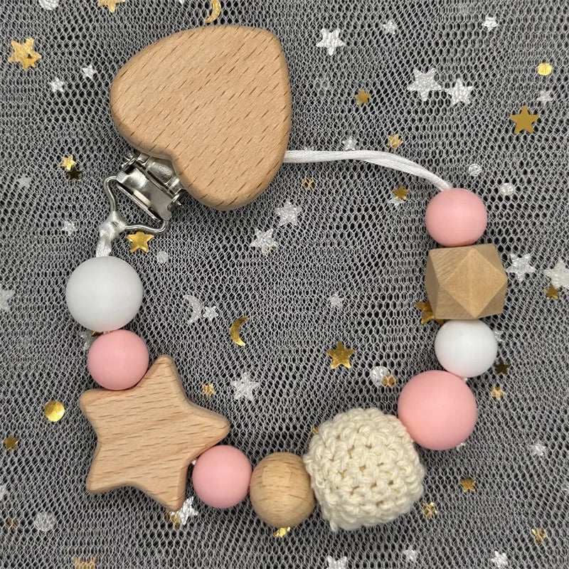 Personalized Baby Pacifier Clip Custom Name Silicone Bead Nipple Dummy Clips Engraved Infant Wooden Pacifier Holder Newborn Gift