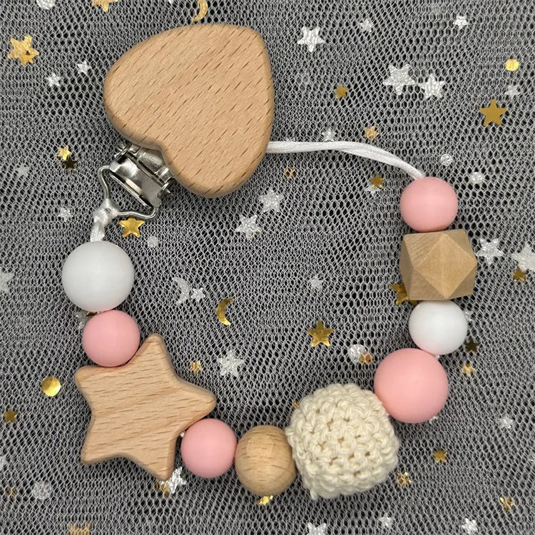 Personalized Baby Pacifier Clip Custom Name Silicone Bead Nipple Dummy Clips Engraved Infant Wooden Pacifier Holder Newborn Gift