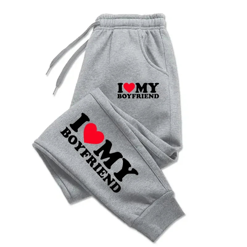 I Love My Boyfriend and Girlfriend Print Pants Woman Man Couple Sweatpants Loose Casual Warm Pants Pocket Drawstring Sportswear