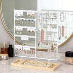 Metal Jewelry Organizer Stand with Wooden Tray - Multi-Functional Storage for Earrings, Necklaces, Bracelets & Rings