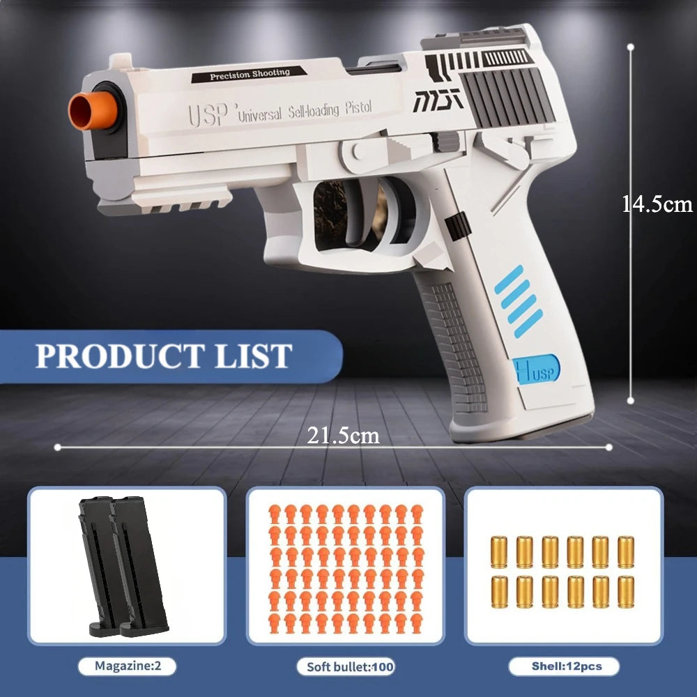 USP Shell Ejecting Soft Bullet Toy Gun Automatic Pull Back Action Shell Throwing Continuous Firing Shooting Games Christmas Gift