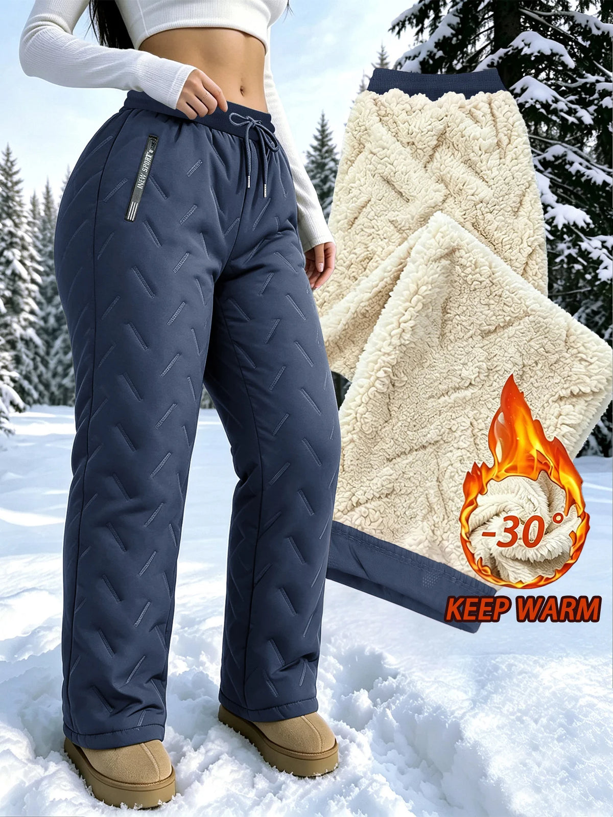 Women's Winter Fleece Pants With Drawstring Elastic Waistband Winter Warm Zipper Pocket Women's Outdoor Jogging Pants