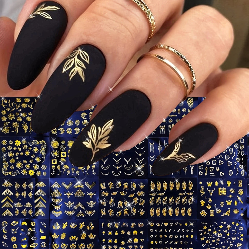 30 Sheets Golden Floral Nail Art Stickers - 3D Self-Adhesive Shimmering Leaf & Flower Designs for DIY Manicure