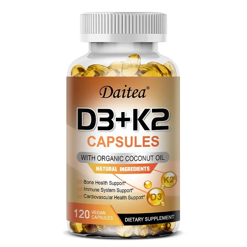 Vegan 2-in-1 Vitamin D3 5000 IU+K2 200mcg MK-7 Capsules Organic Coconut Oil Natural Ingredient Calcium Regulation Immunity