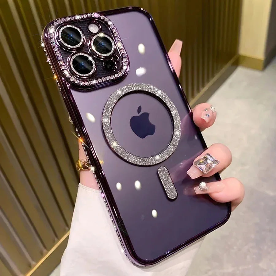 Fashion Glitter Diamond Transparent Case For iPhone 18 17 16 15 14 13 11 12 Pro Max Funda Magnetic Wireless Charger Bumper Cover