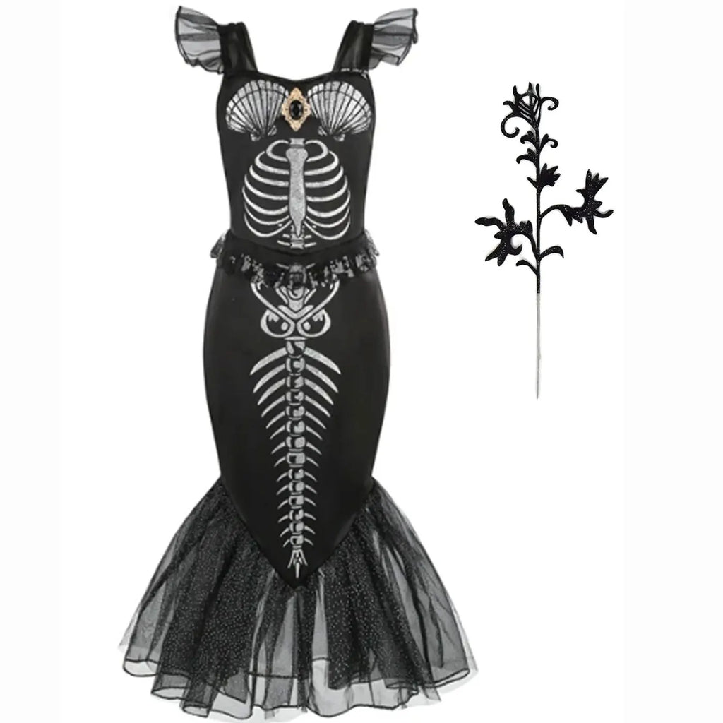 New Skeleton Little Mermaid Halloween Horror Costume Ariel Princess Costume Kids Birthday Party Prom Dress For Girls