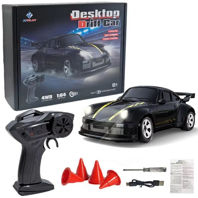 Oike 4WD Remote Control Desktop Car for Adults Kids 1/64 or 1/43 Mini Drift Racing High Speed RC Car with LED Lights Hobby Gift