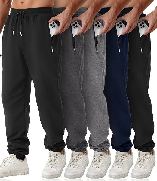HUGE HILL 3 Pack Men's Fleece Lined Joggers Loose Fit Wide Leg Sweatpants with Zip Pockets S-3XL