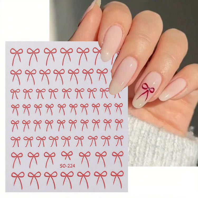 8pcs Mixed Color Bow Nail Art Stickers 3D Cute Red Black Pink Bowknot Nail Charms Foils Gold Laser Effect Bow Manicure Decor