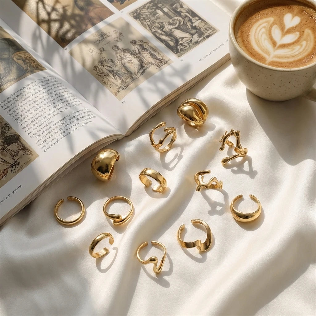 15PCS/Set Cool Oversized Smooth Abstract Lava Line Ring Set Women's Trendy Geometric Stacking Finger Ring Accessories