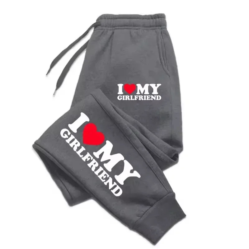 I Love My Boyfriend and Girlfriend Print Pants Woman Man Couple Sweatpants Loose Casual Warm Pants Pocket Drawstring Sportswear