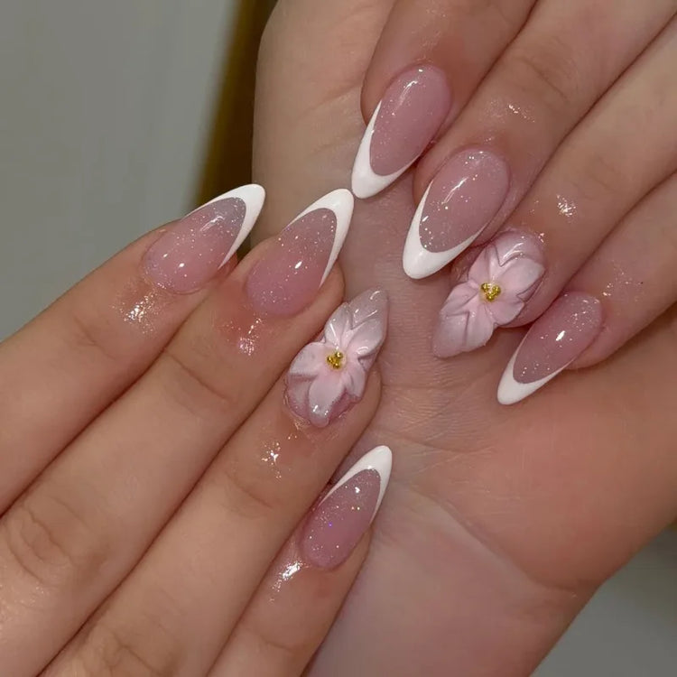 24PCS Pink Almond Press on Nails Full Cover Carved Flower 3D Ripples French Fake Nails for Women with Golden Pearl Wearable Nail