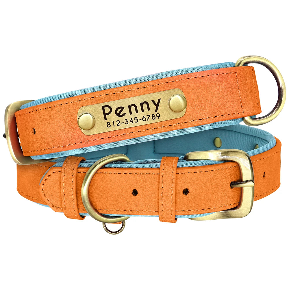 Customized PU Leather Nameplate Dog Collar Soft Padded Dogs Collars Free Engraving Name for Small Medium Large Dogs Adjustable