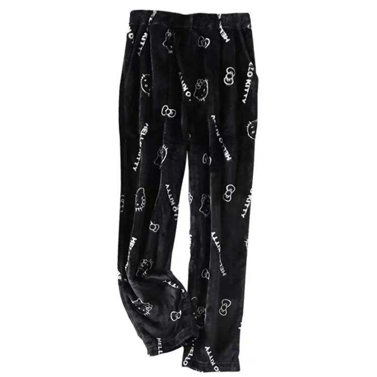 Sanrio Hello Kitty Soft Flannel Wide Leg Pajama Pants Printed Casual Home Loungewear For Women Daily Sleeping Relaxing Wear
