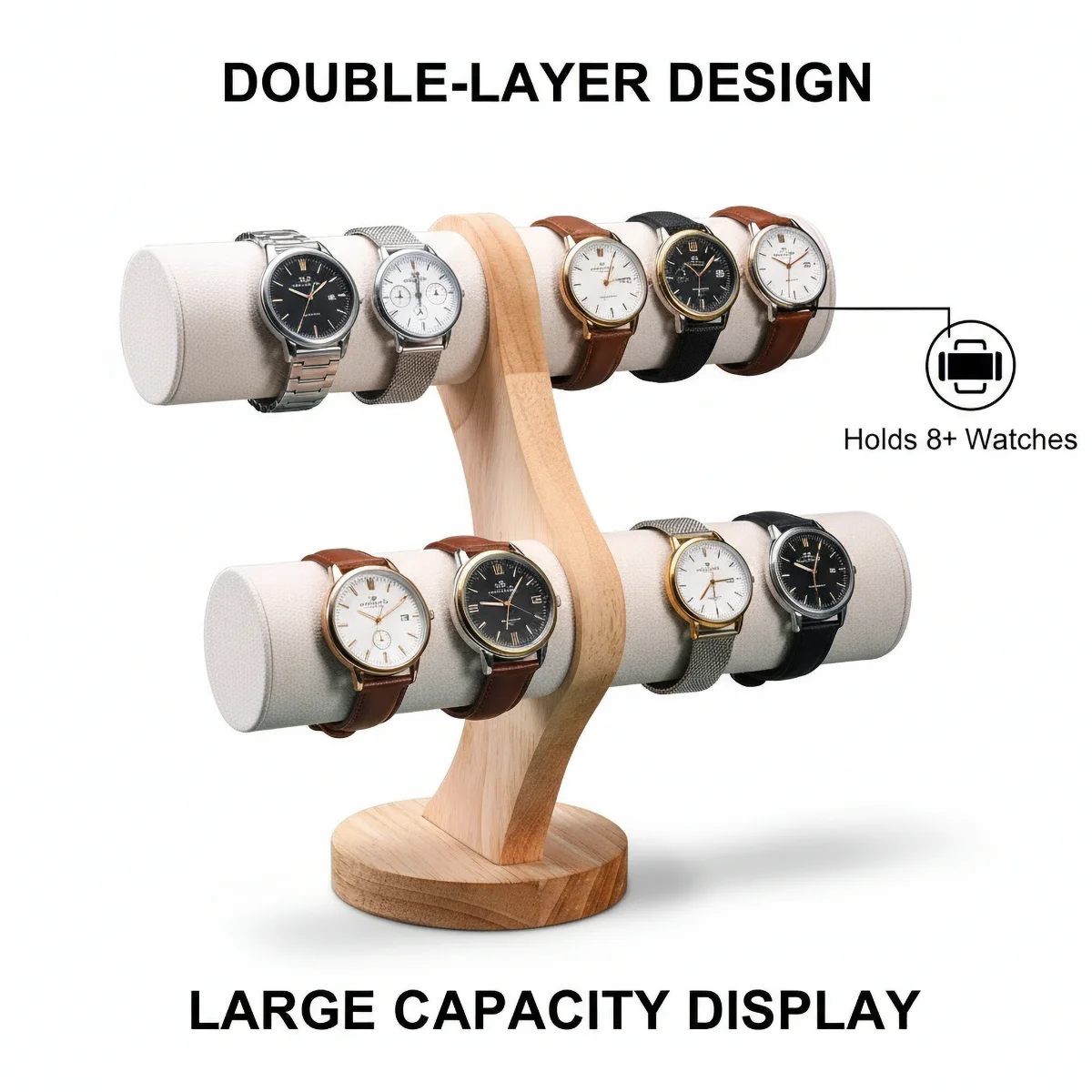 Double-Tier Wooden Watch Display Stand - Large Capacity for Multiple Watches with Soft Velvet-Like Protective Surface