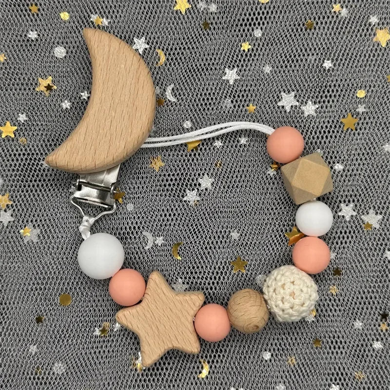 Personalized Baby Pacifier Clip Custom Name Silicone Bead Nipple Dummy Clips Engraved Infant Wooden Pacifier Holder Newborn Gift