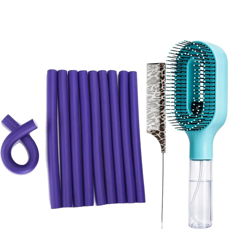 12Pcs Heatless Flexi Rods Hair Curlers Set with Spray Water Hair Brush & Leopard Tail Comb, Soft Foam No Heat Hair Rollers, DIY Overnight Curling Styling Tools for Women Long Hair