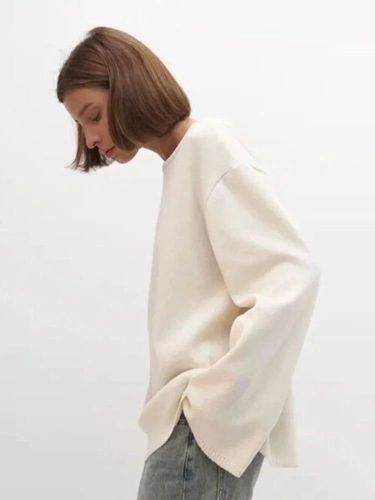 Original Backless O-neck Cotton Knit Sweater Autumn and Winter Women Simple Loose Soft Warm Elastic Daily Office Casual Sweater