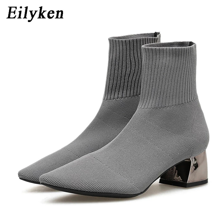 EilyKen Autumn Winter Knitted Stretch Fabric Socks Women Low Heel Short Boots Gray Pointed Toe Female Ankle Booties