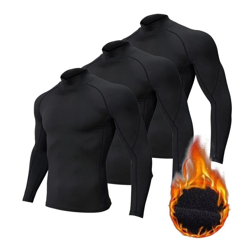 3Pack Men Fleece High Neck Compression Long Sleeve T-shirt Autumn Winter Elastic Tight Athletic Base Layer Warm For Gym Fitness