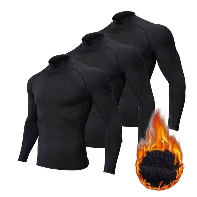 3Pack Men Fleece High Neck Compression Long Sleeve T-shirt Autumn Winter Elastic Tight Athletic Base Layer Warm For Gym Fitness