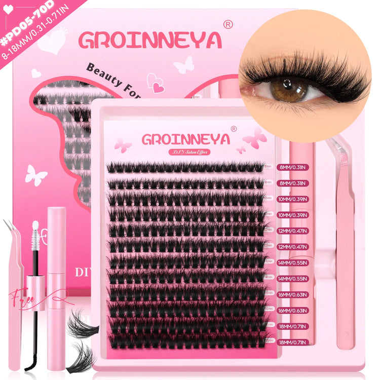GROINNEYA DIY Lash Clusters Kit Thick Fluffy Cluster Lashes Full Set Lashes Extension with Lash Bond&Seal Individual Eyelashes