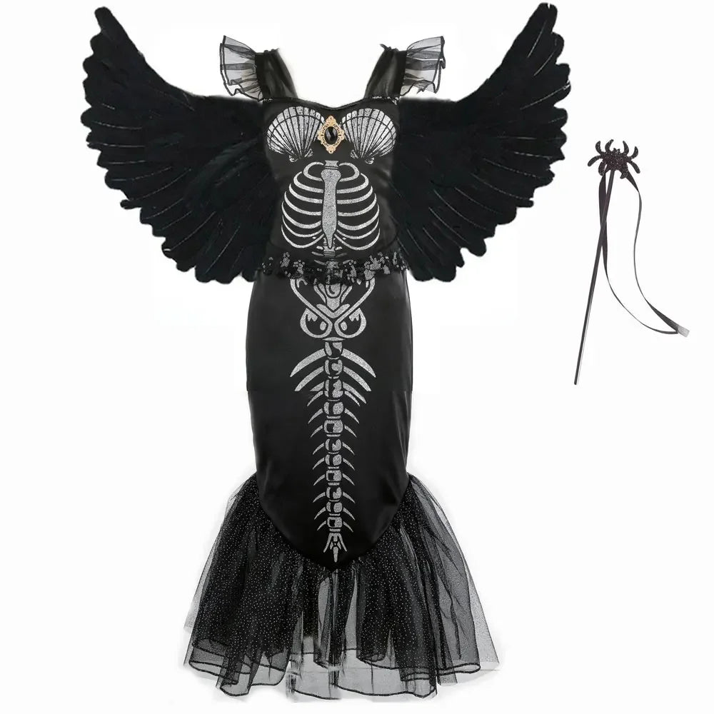 New Skeleton Little Mermaid Halloween Horror Costume Ariel Princess Costume Kids Birthday Party Prom Dress For Girls