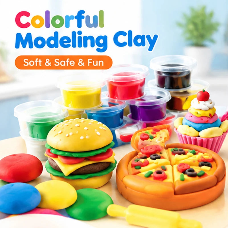 Play Dough Toys Series 12 Colors Pizza Burger Maker Play Dough Kit Kitchen Fast Food Modeling Clay Molds Set Kids Birthday Gift