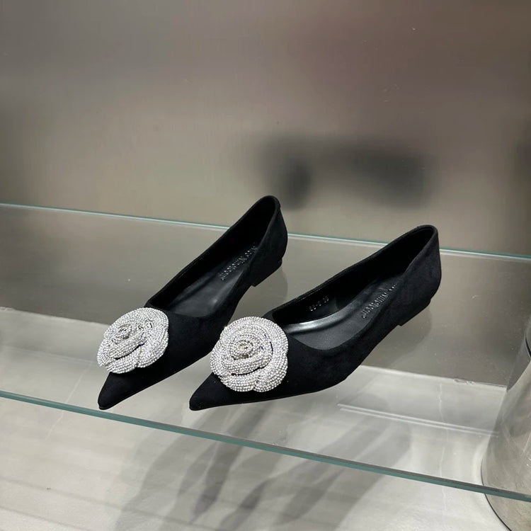 Flat Shoes for Women 2025 Spring Autumn Casual Diamond Rose Flower Shallow Mouth Black Low Heel Pointed Toe Ladies Shoes