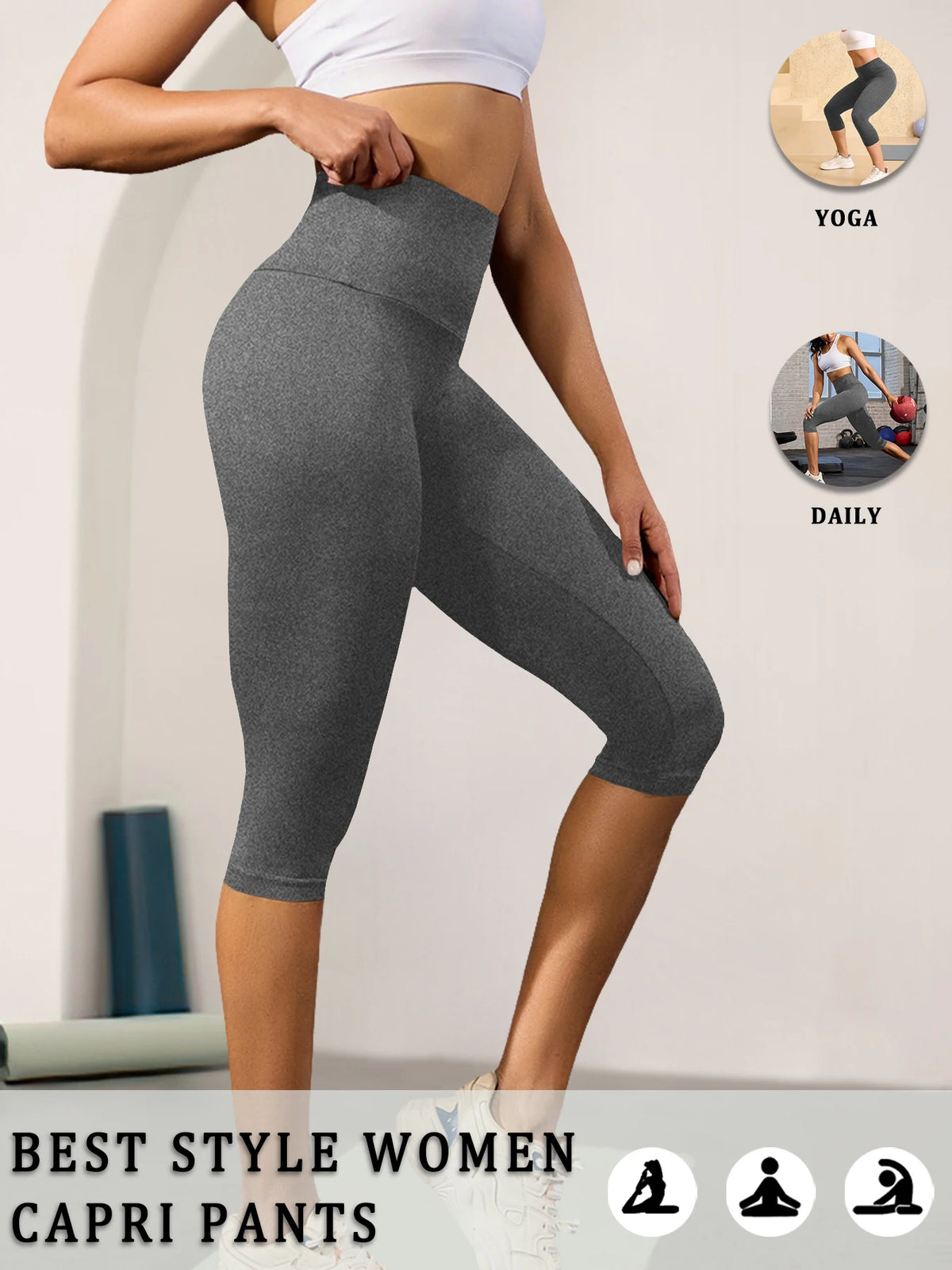Women High Waisted Capri Pants Super Soft No See Through Tummy Control Yoga Running Workout Home Casual Leggings