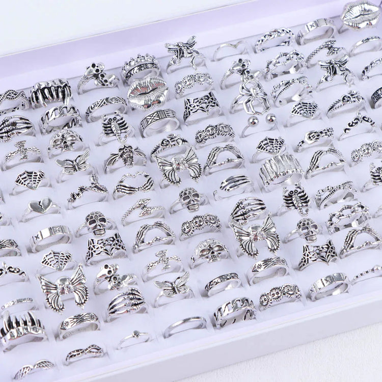 10/20/30/50Pcs/Lot Punk Finger Ring Set For Men Women Mix Style Flower Tai Ji Heart Love Snake Jewelry Party Gifts