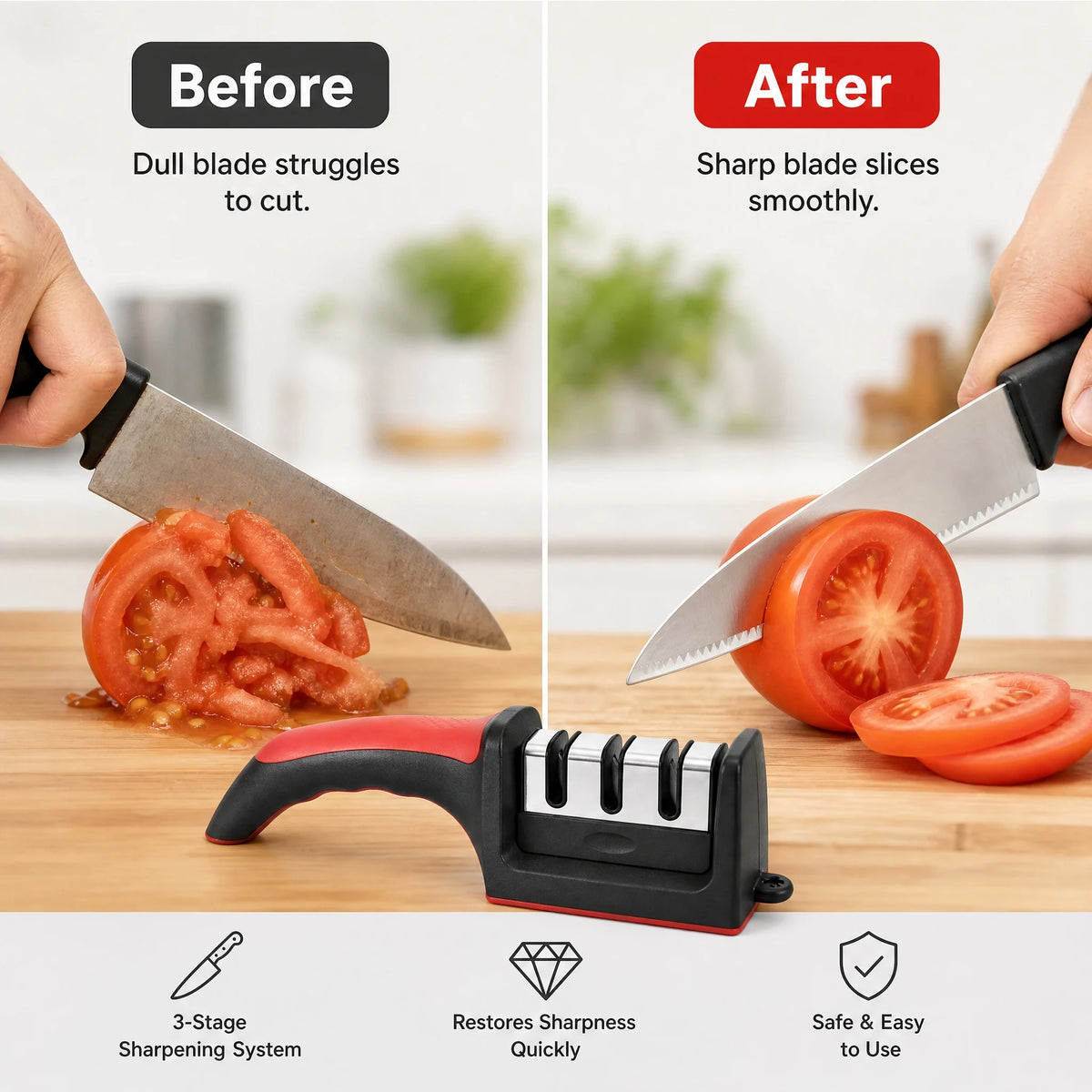 Easy and Fast Knife Sharpener, 3-Stage Sharpening System for Kitchen Knives with Non-Slip Ergonomic Handle, Safe and Efficient