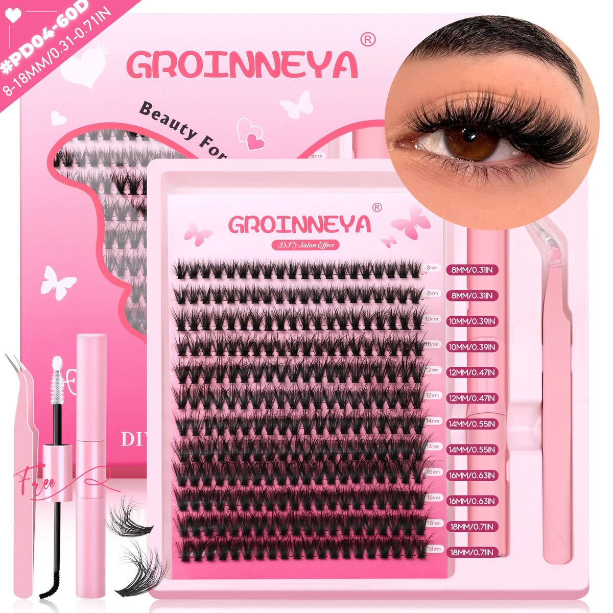 GROINNEYA DIY Lash Clusters Kit Thick Fluffy Cluster Lashes Full Set Lashes Extension with Lash Bond&Seal Individual Eyelashes