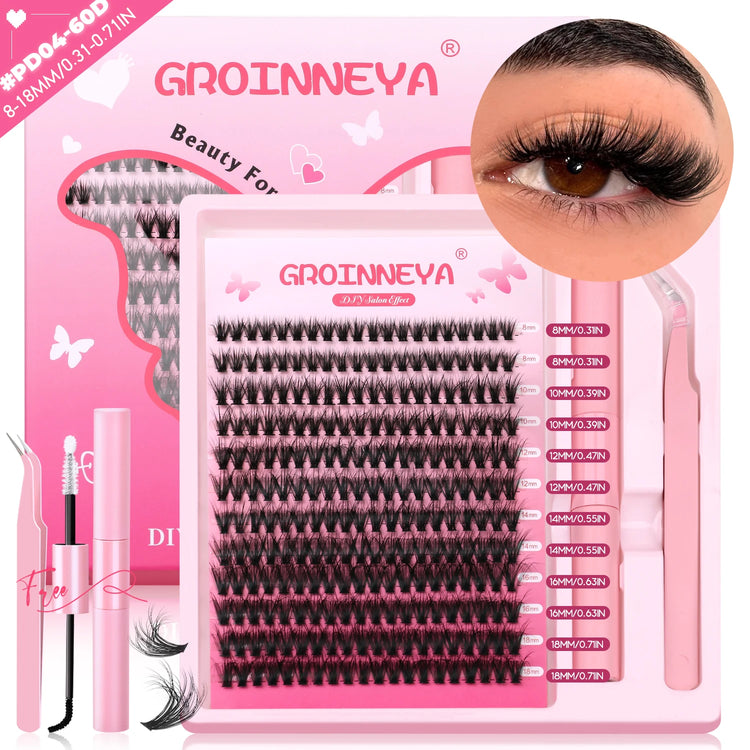 GROINNEYA DIY Lash Clusters Kit Thick Fluffy Cluster Lashes Full Set Lashes Extension with Lash Bond&Seal Individual Eyelashes