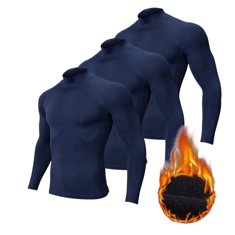3Pack Men Fleece High Neck Compression Long Sleeve T-shirt Autumn Winter Elastic Tight Athletic Base Layer Warm For Gym Fitness